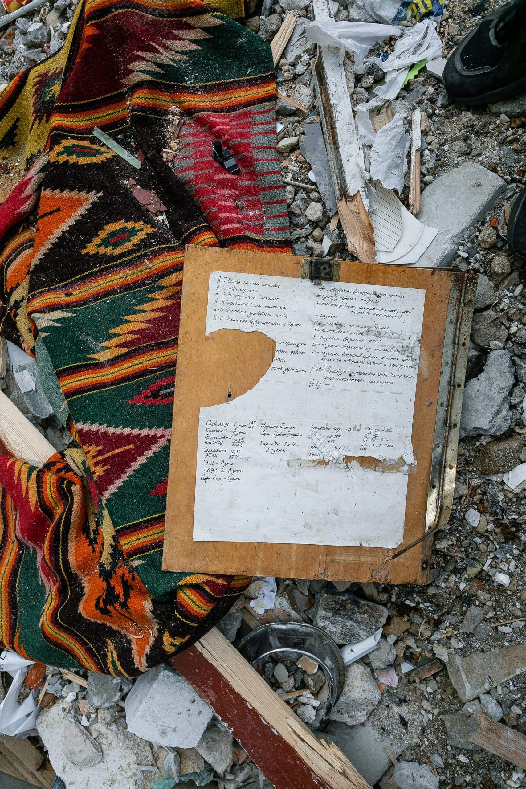 Красочный тканый ковер и деревянный планшет с рукописными заметками лежат среди обломков и строительного мусора.