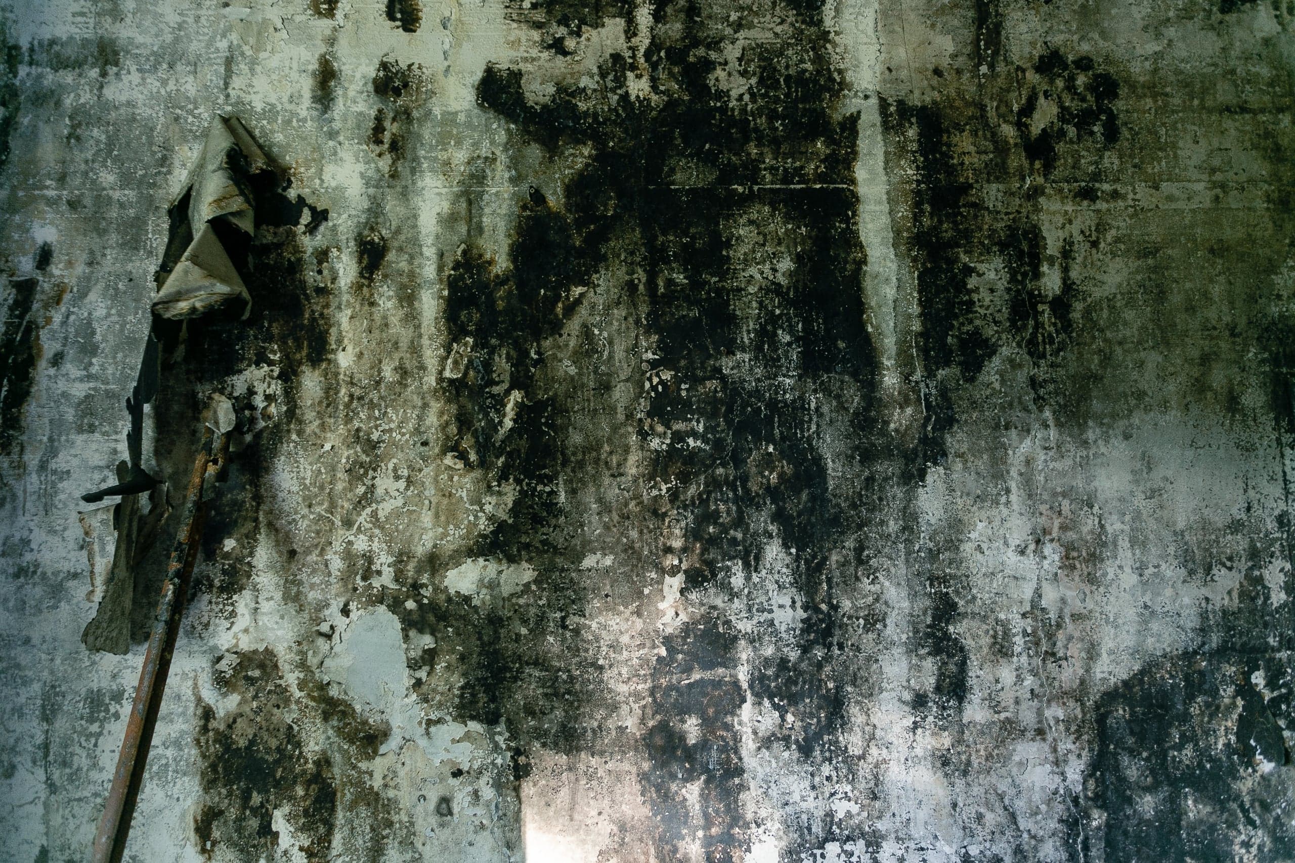 Разрушенная стена с темными пятнами плесени и отслаивающейся краской. Слева ржавый прут и клочок ткани.
