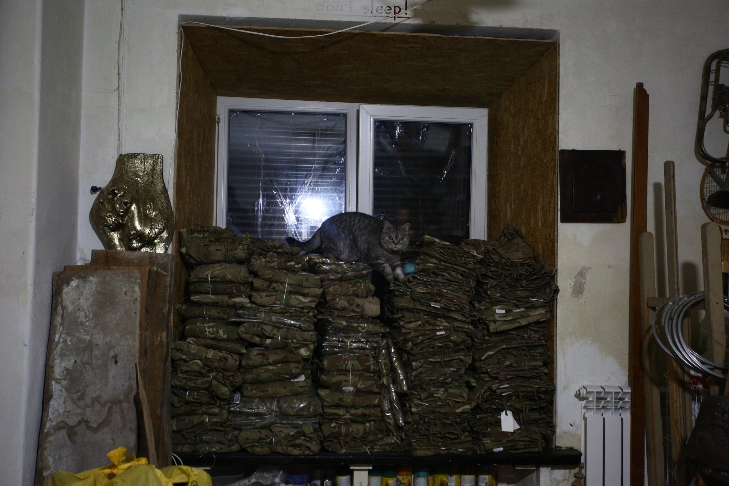 Серый кот сидит на огромной стопке упакованного камуфляжного снаряжения перед окном. Над окном видна надпись «don't sleep!».