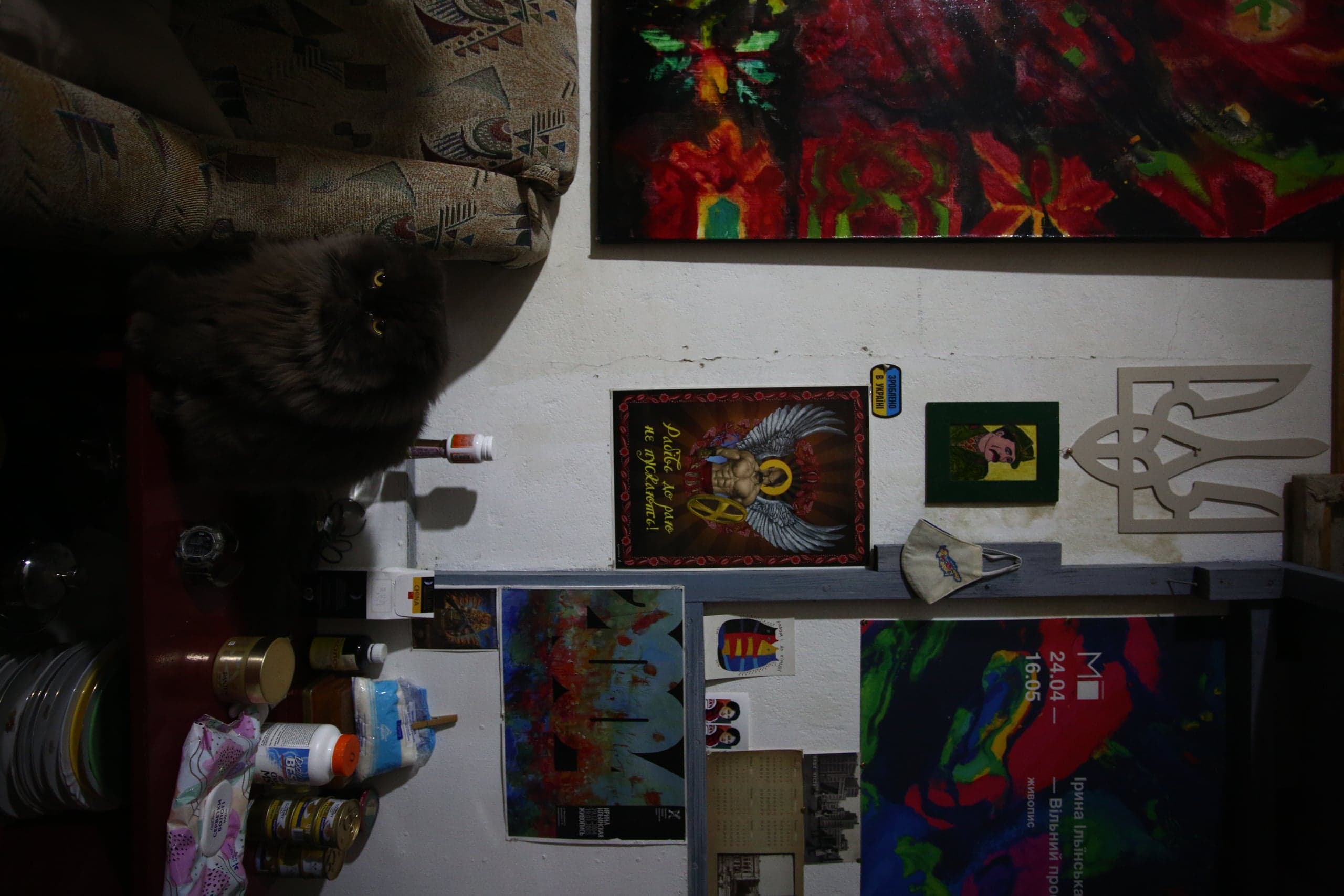 Кот с желтыми глазами в темном углу. Стена украшена абстрактными картинами, деревянным украинским трезубцем и постером с текстом "Дайте до рук не віддамо!". Внизу афиша выставки "24.04 – 16.05 Їрина Ільїнська".